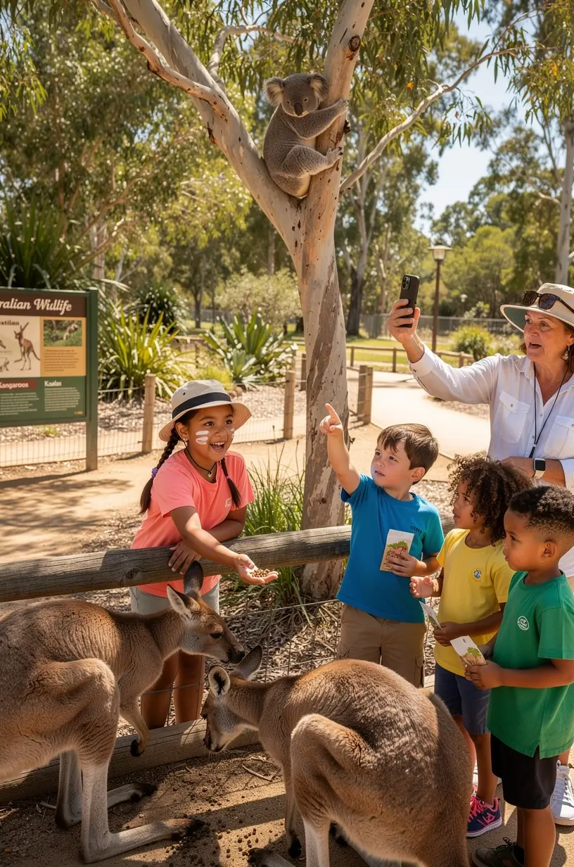 Parents and kids smiling while visiting an accessible playground with shaded seating areas near the coast.
